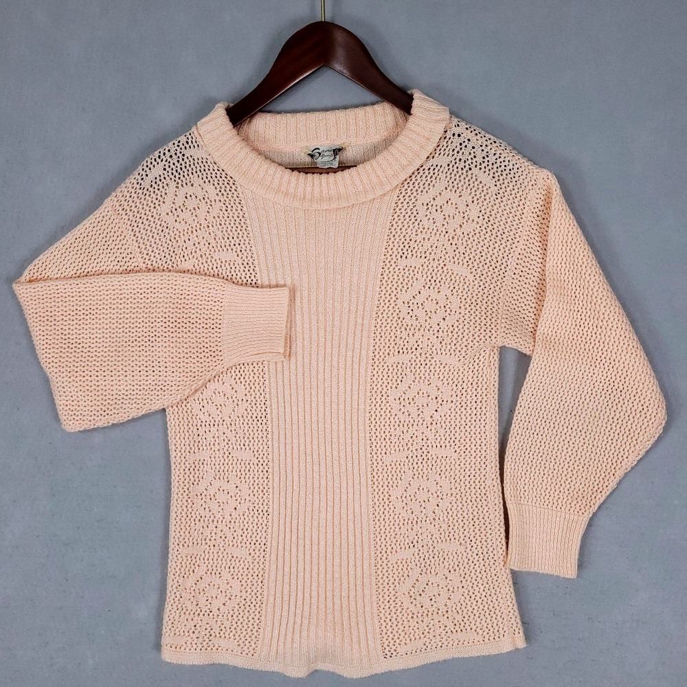 Savion by Sydney Feuer Sweater Women's 10 Peach Pointelle Ribbed Knit USA Made